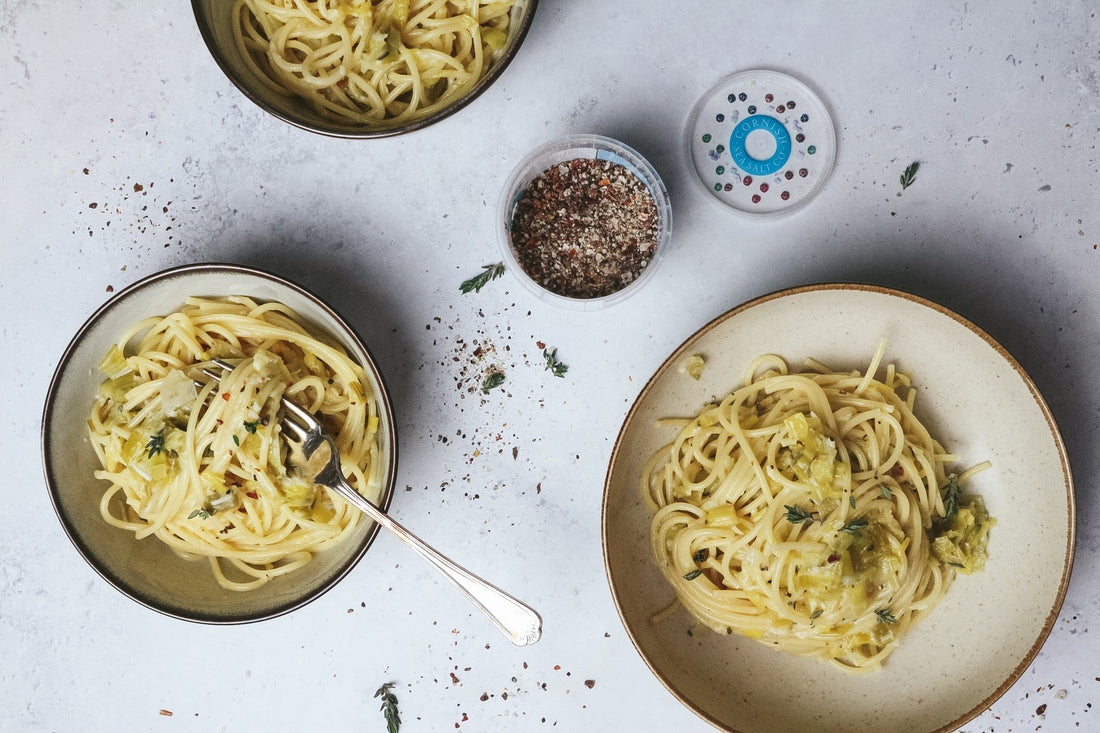 Leek Carbonara with Our Salt & Peppery Sea Salt