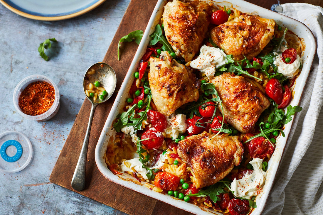 Chicken and orzo tray bake with our Pantry Staple Smoky Paprika Sea Salt blend