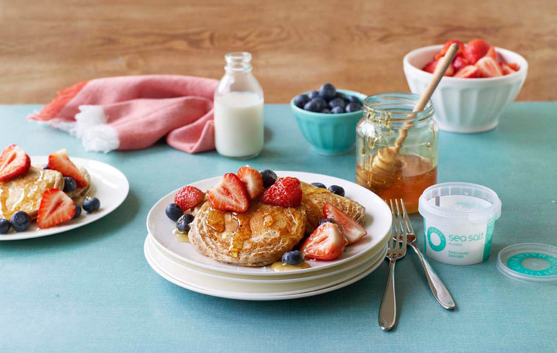 Sweet & Salty Pancakes with Salted Honey and Fresh Fruit