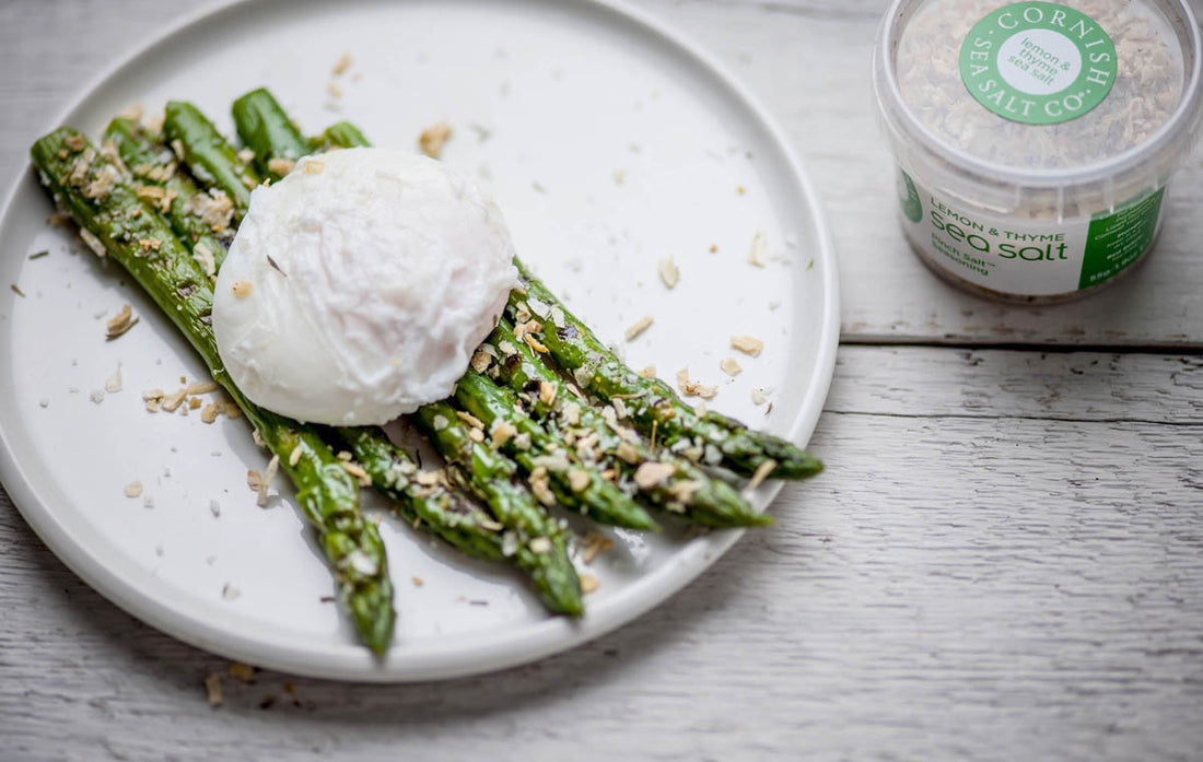 Asparagus with Poached Eggs and Lemon & Thyme Sea Salt