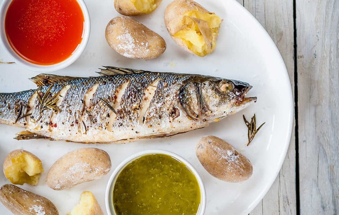 Grilled Seabass with Papas Arrugadas and Mojos