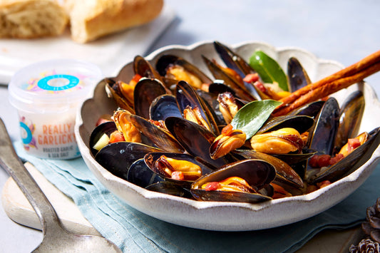 Mulled cider mussels with crispy pancetta