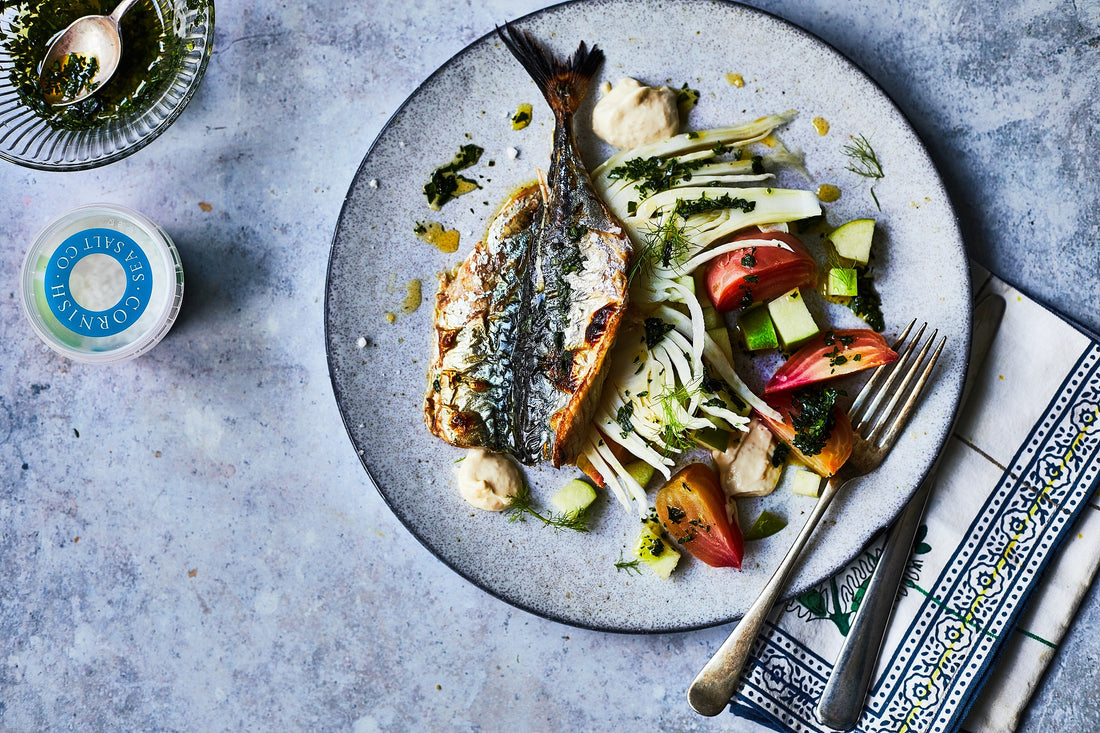 Grilled Mackerel with a beetroot, apple and fennel salad with creamed horseradish and a tarragon oil